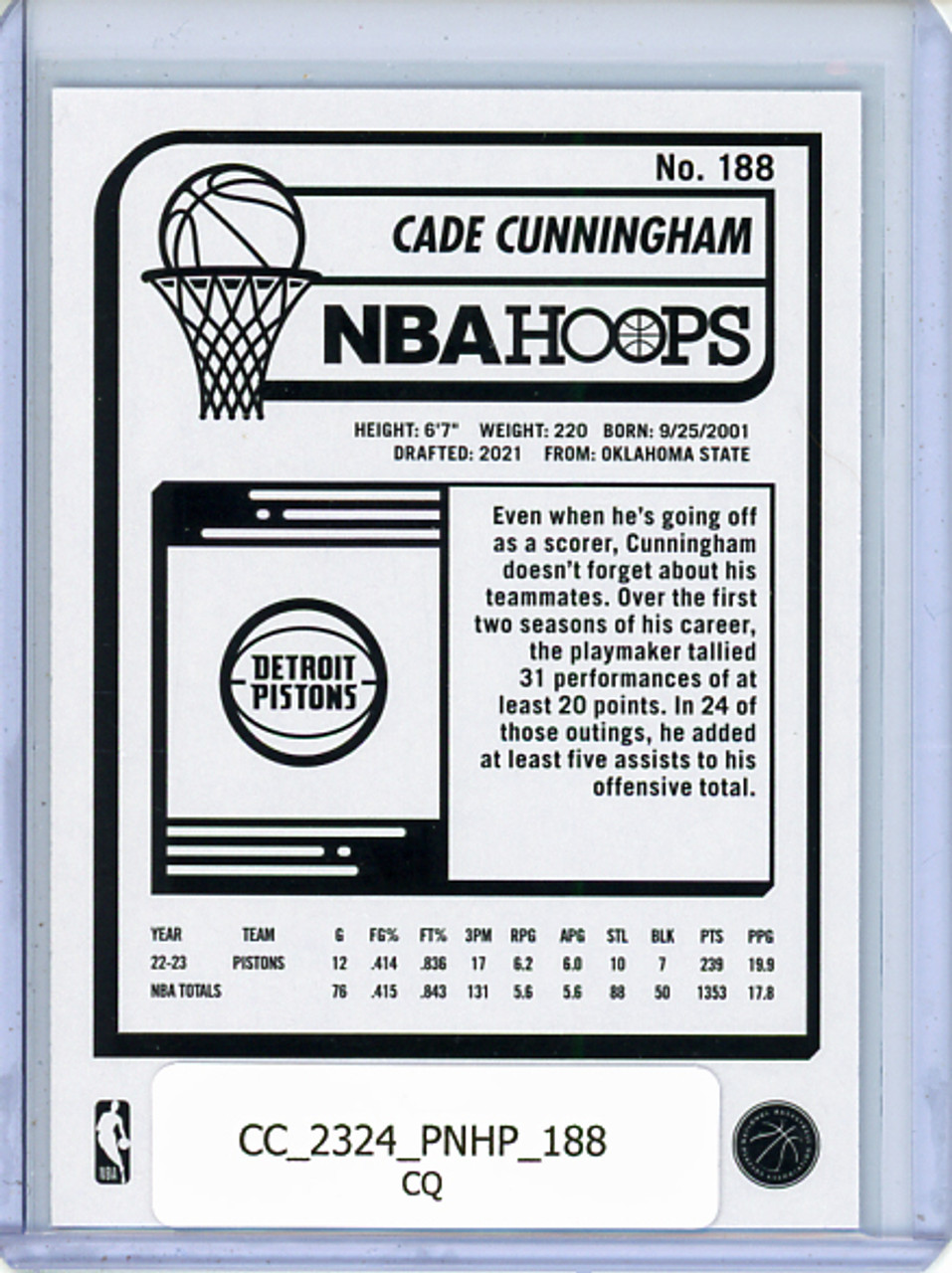 Cade Cunningham 2023-24 Hoops #188 (CQ)