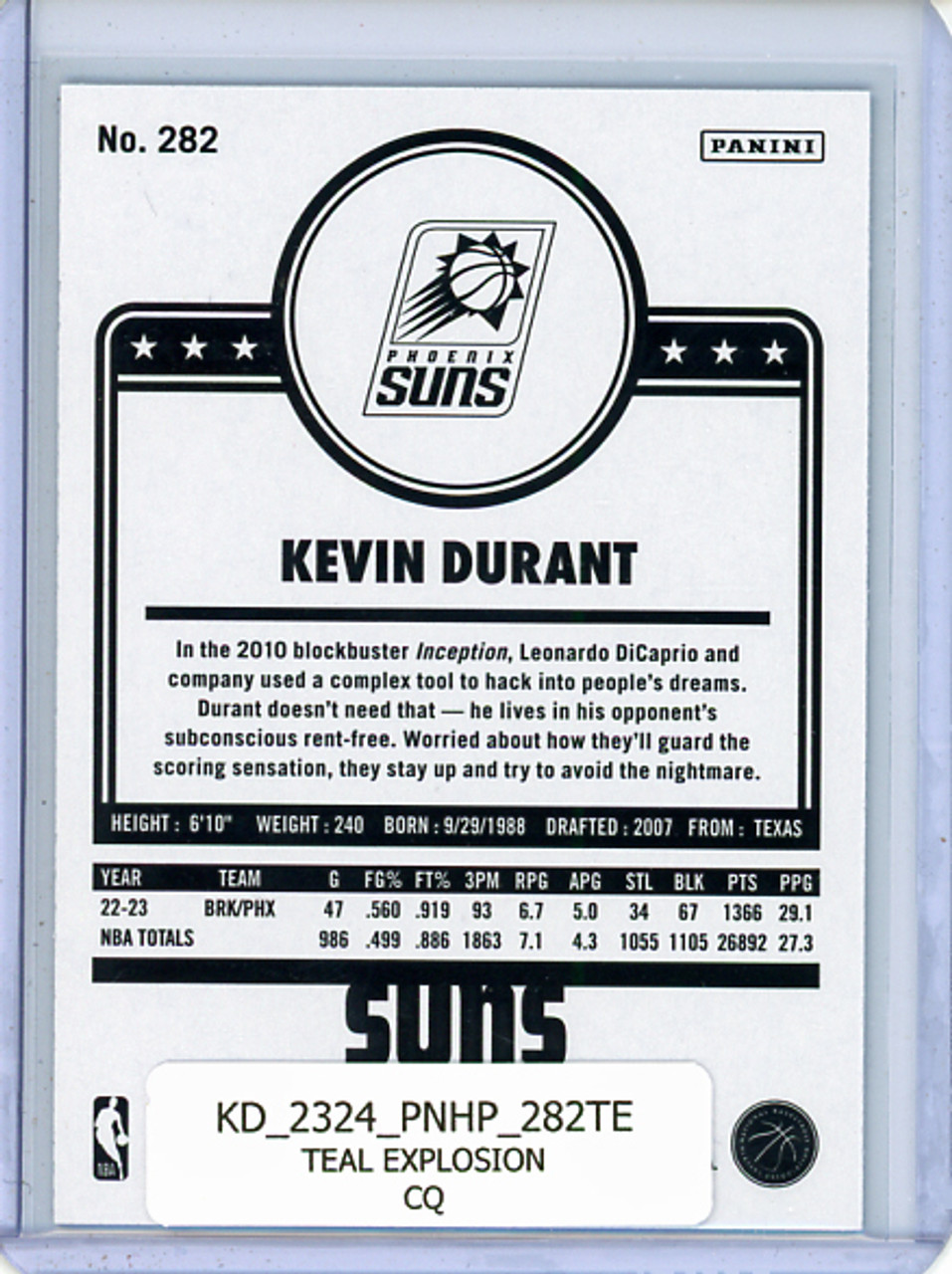 Kevin Durant 2023-24 Hoops #282 Tribute Teal Explosion (CQ)