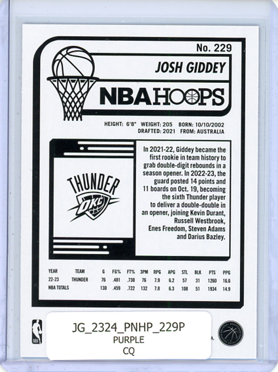 Josh Giddey 2023-24 Hoops #229 Purple (CQ)