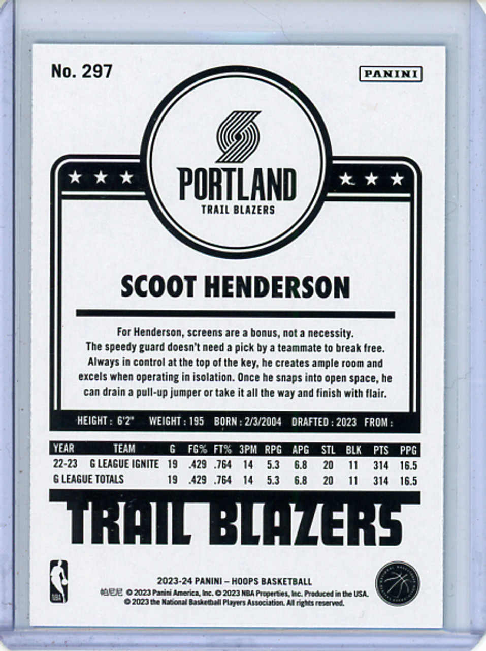 Scoot Henderson 2023-24 Hoops #297 Tribute Teal Explosion (1) (CQ)