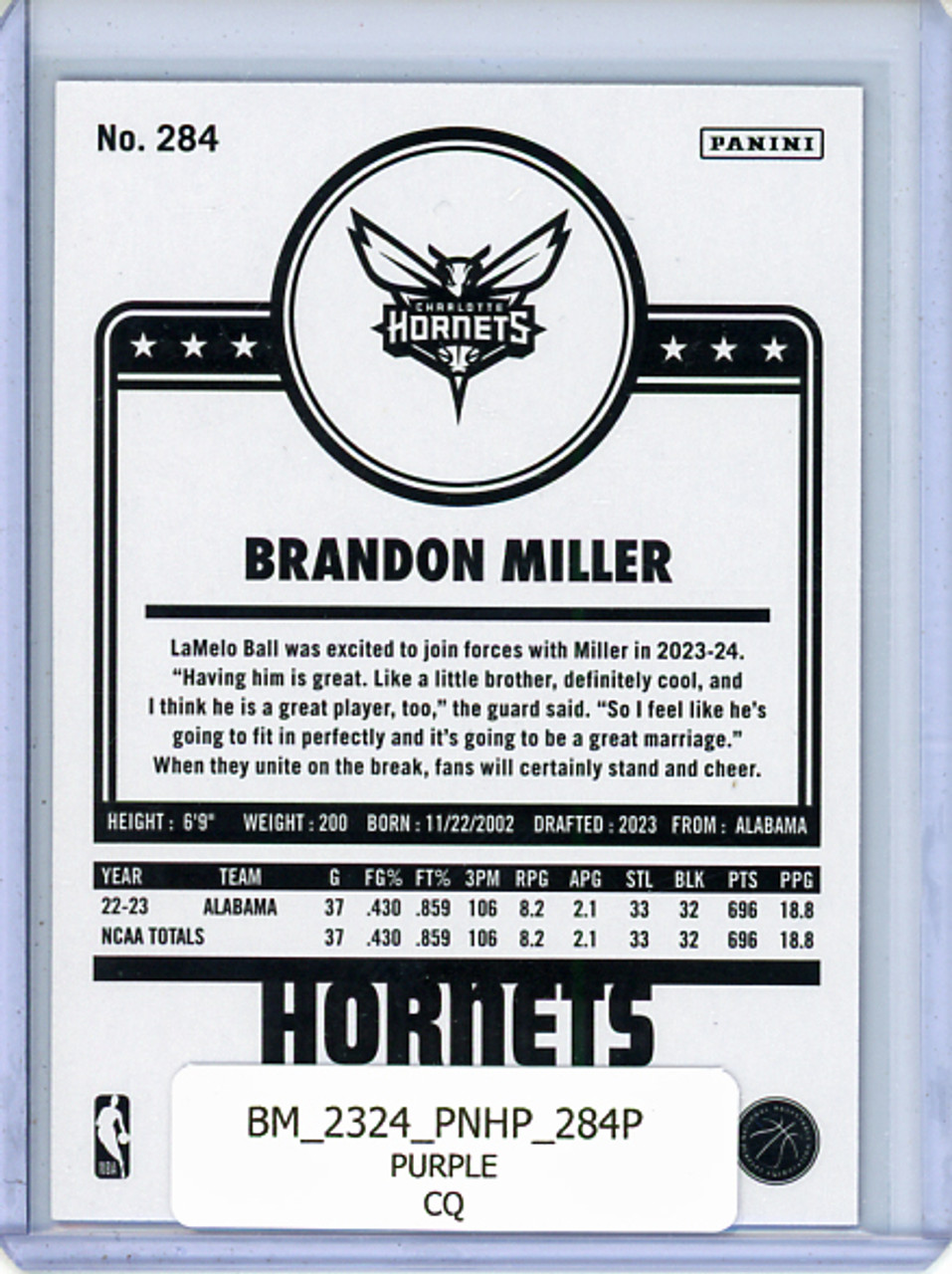 Brandon Miller 2023-24 Hoops #284 Tribute Purple (CQ)