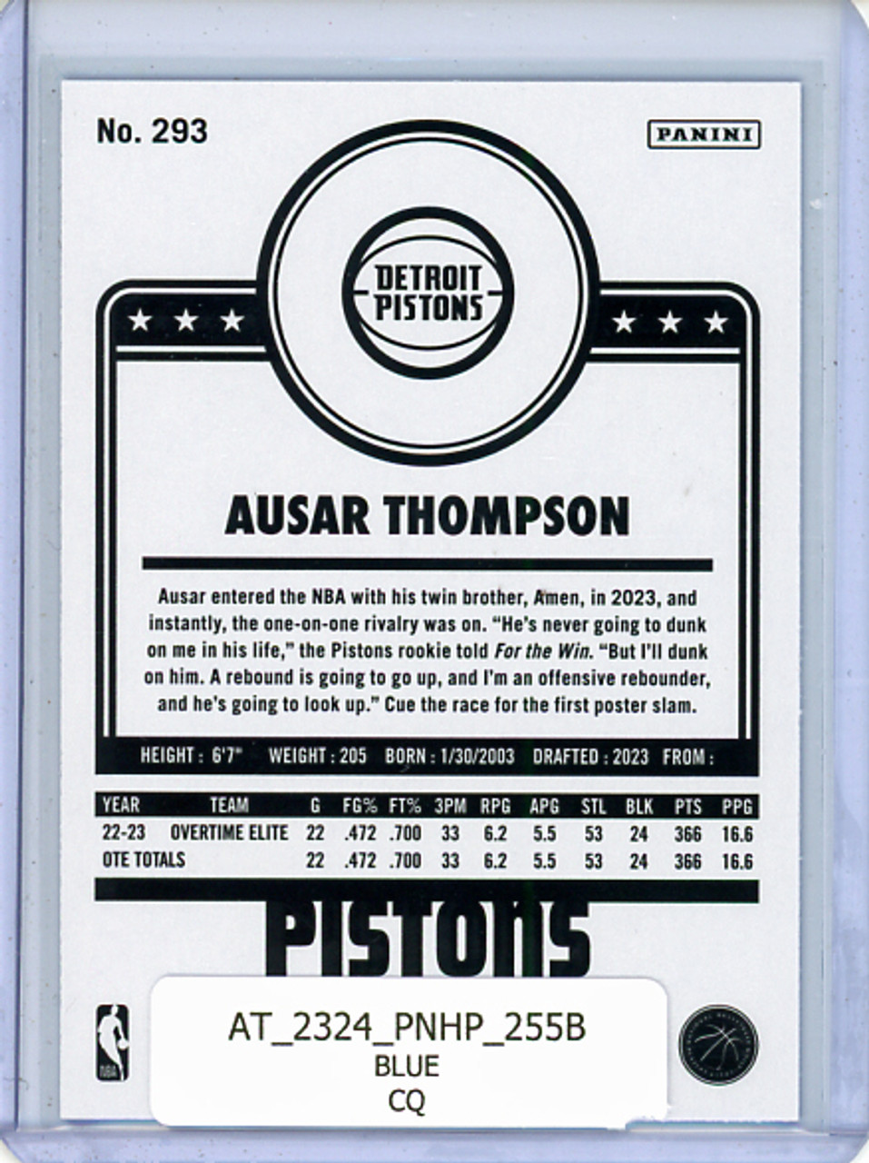 Ausar Thompson 2023-24 Hoops #293 Tribute Blue (CQ)