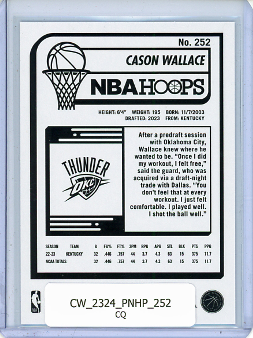 Cason Wallace 2023-24 Hoops #252 (CQ)