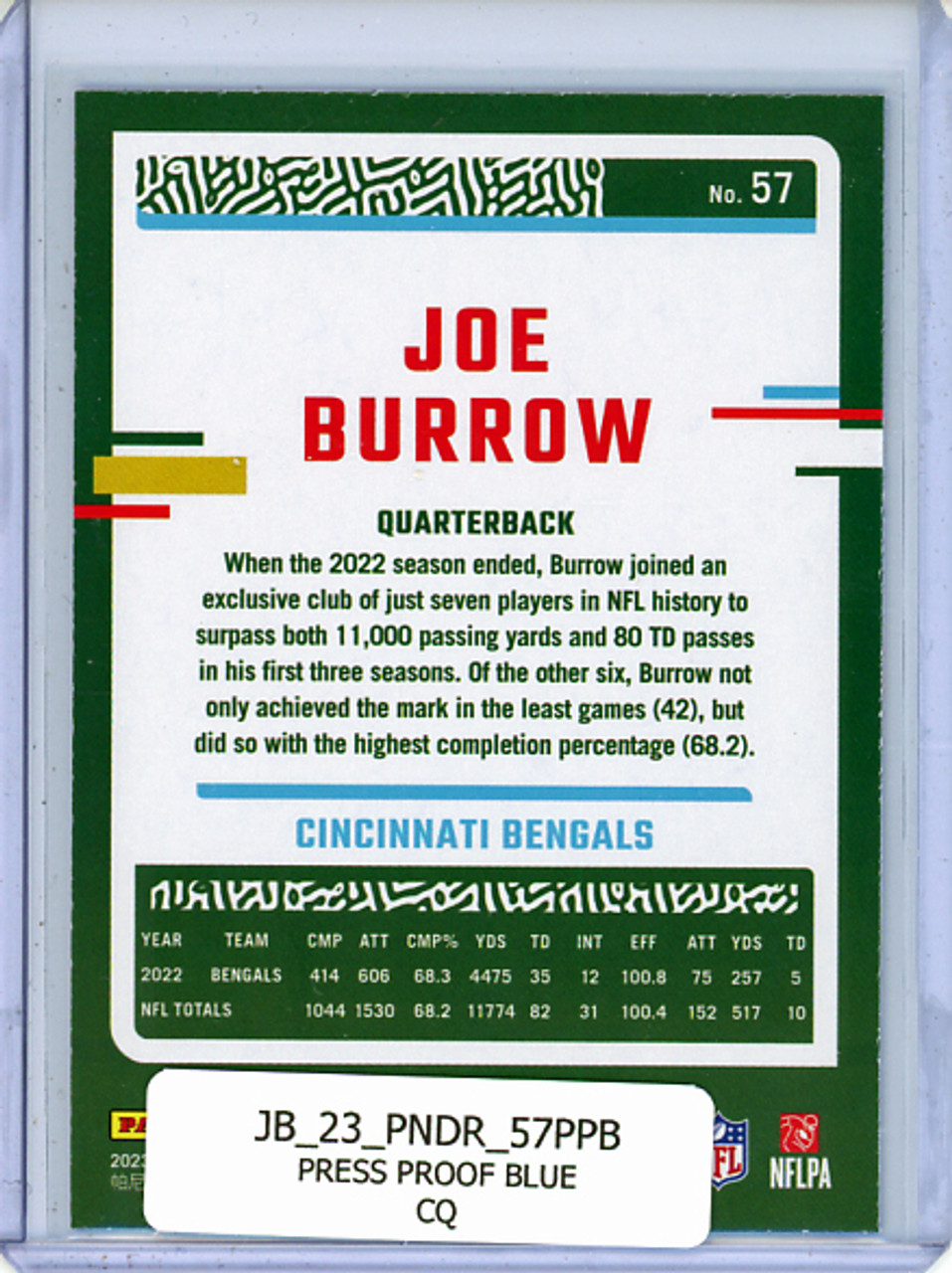 Joe Burrow 2023 Donruss #57 Press Proof Blue (CQ)