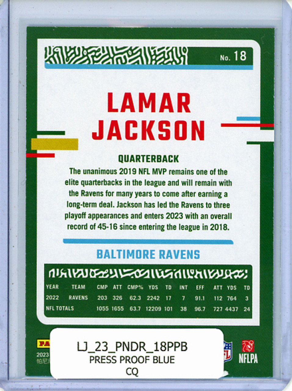Lamar Jackson 2023 Donruss #18 Press Proof Blue (CQ)