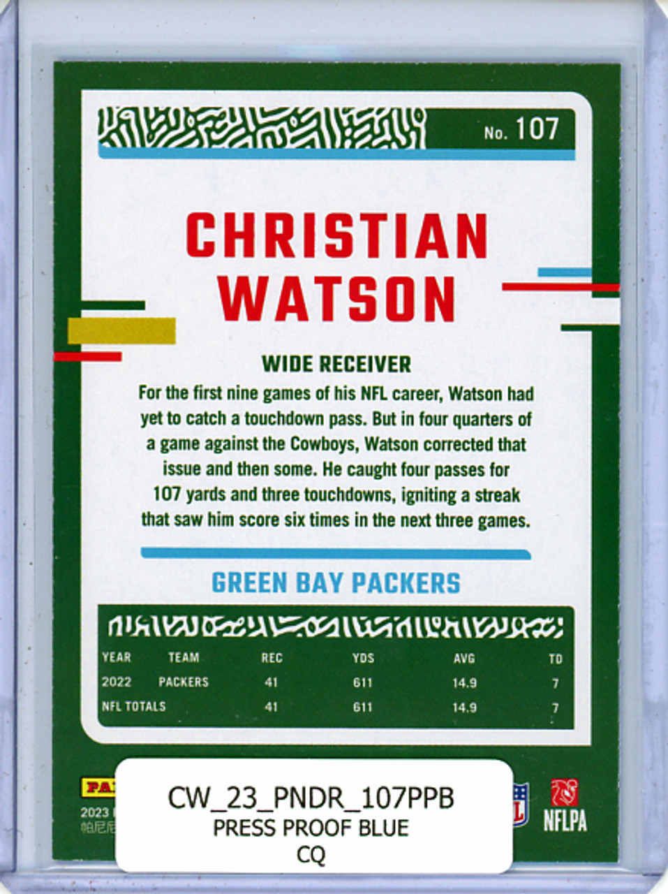Christian Watson 2023 Donruss #107 Press Proof Blue (CQ)