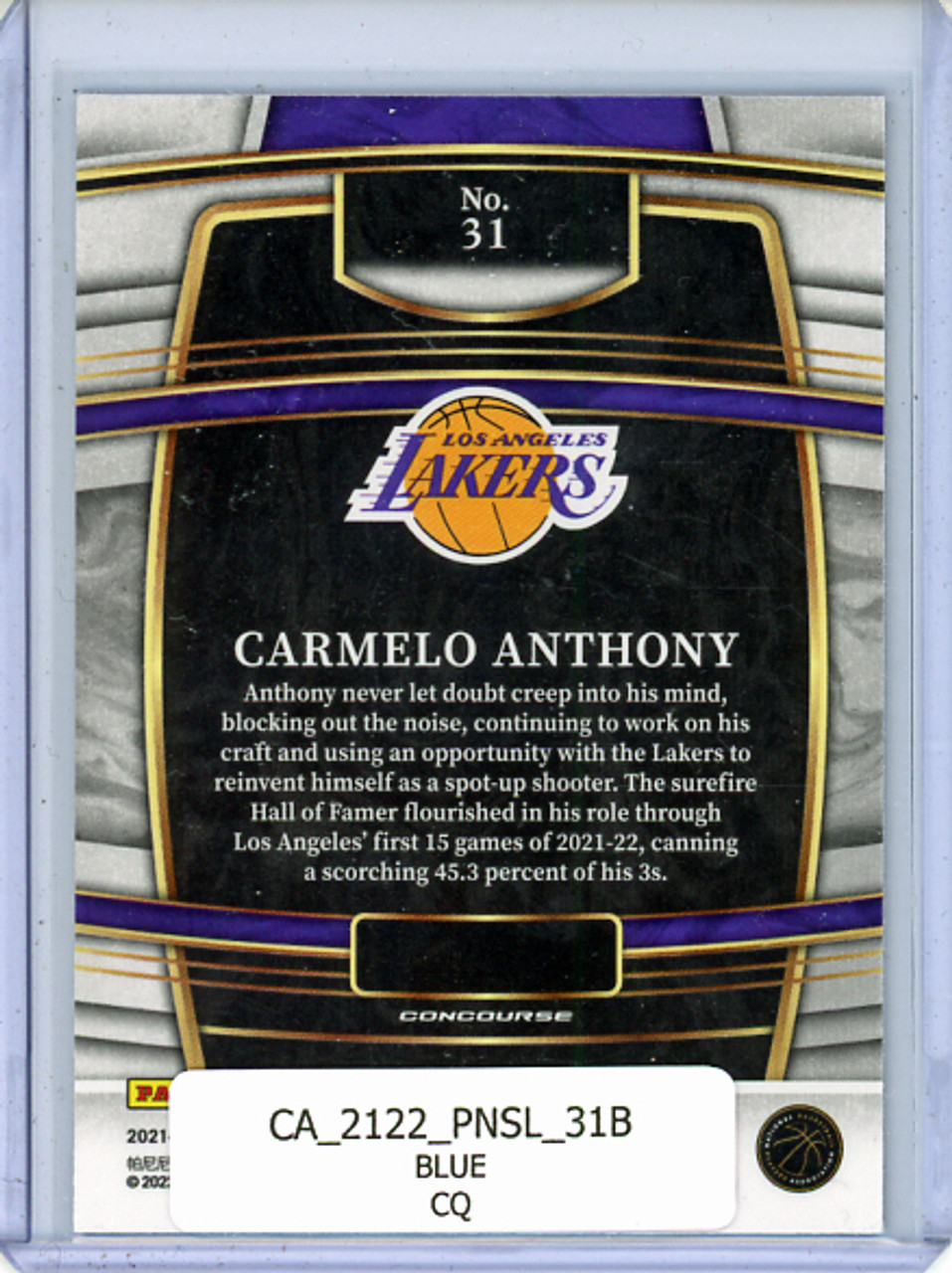 Carmelo Anthony 2021-22 Select #31 Concourse Blue (CQ)