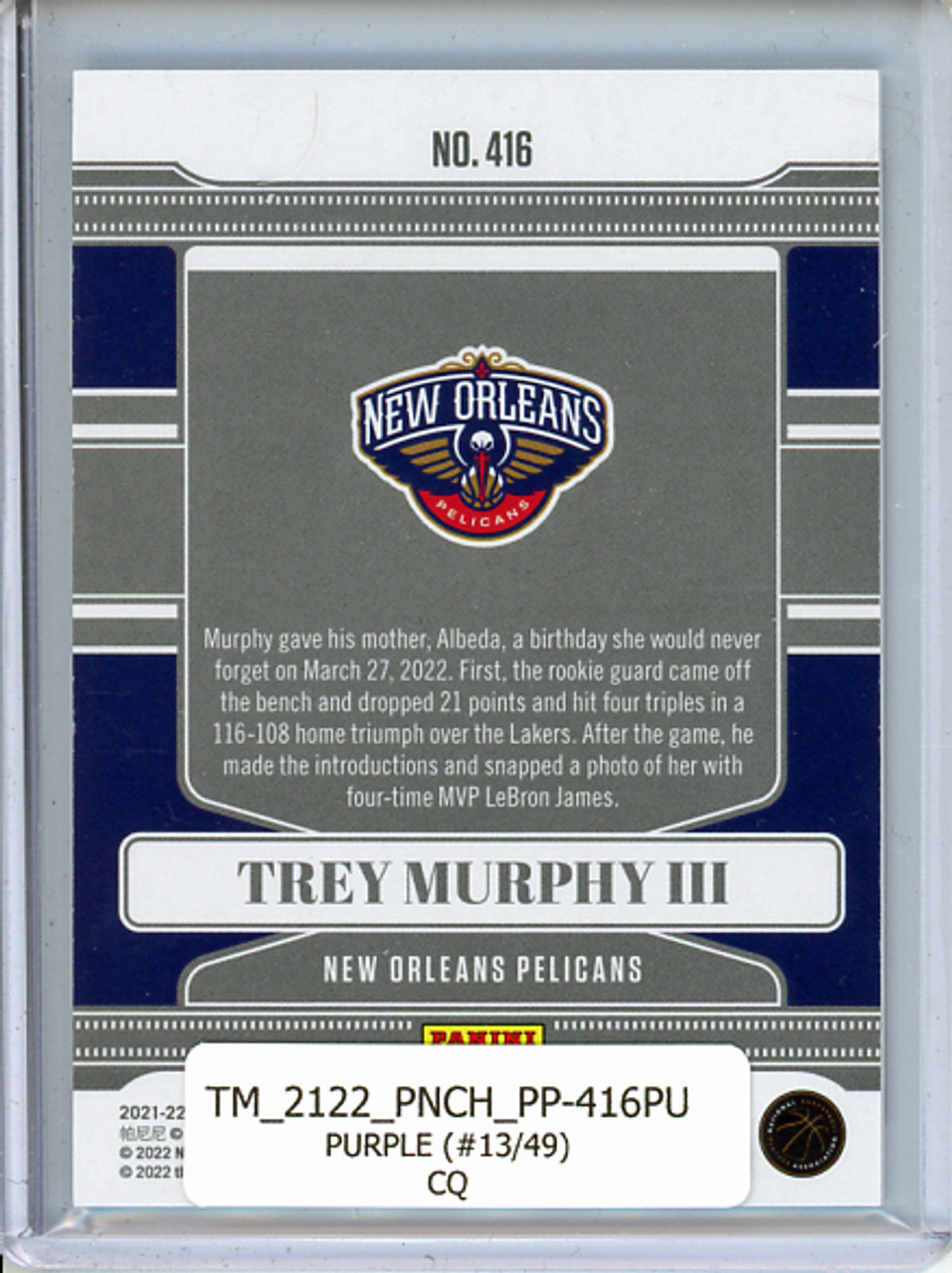 Trey Murphy III 2021-22 Chronicles, Plates & Patches #416 Purple (#13/49) (CQ)