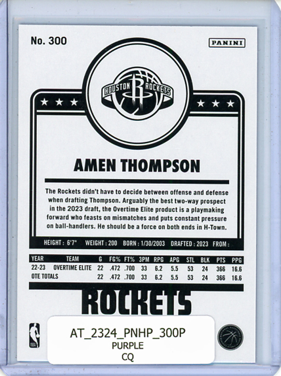 Amen Thompson 2023-24 Hoops #300 Tribute Purple (CQ)