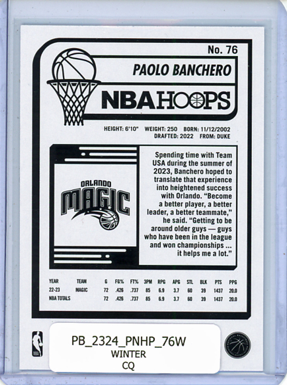 Paolo Banchero 2023-24 Hoops #76 Winter (CQ)