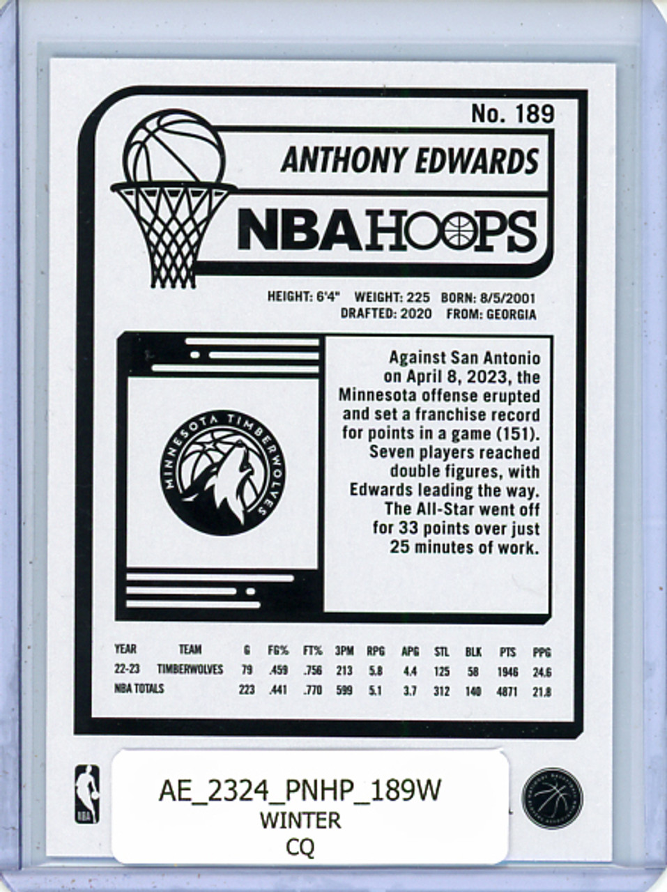 Anthony Edwards 2023-24 Hoops #189 Winter (CQ)