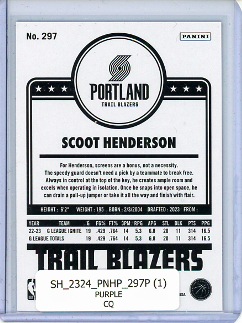 Scoot Henderson 2023-24 Hoops #297 Tribute Purple (1) (CQ)