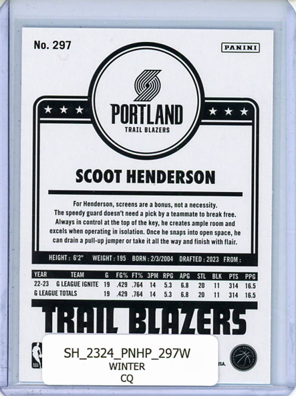 Scoot Henderson 2023-24 Hoops #297 Tribute Winter (CQ)
