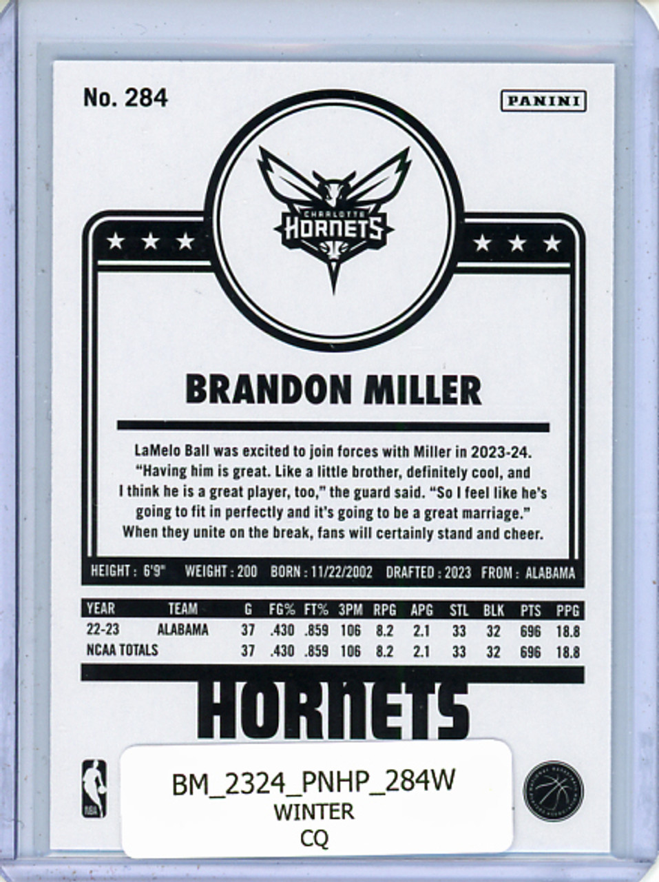 Brandon Miller 2023-24 Hoops #284 Tribute Winter (CQ)