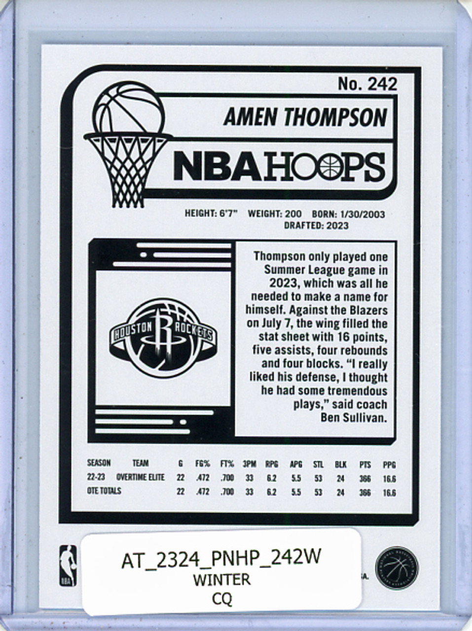 Amen Thompson 2023-24 Hoops #242 Winter (CQ)