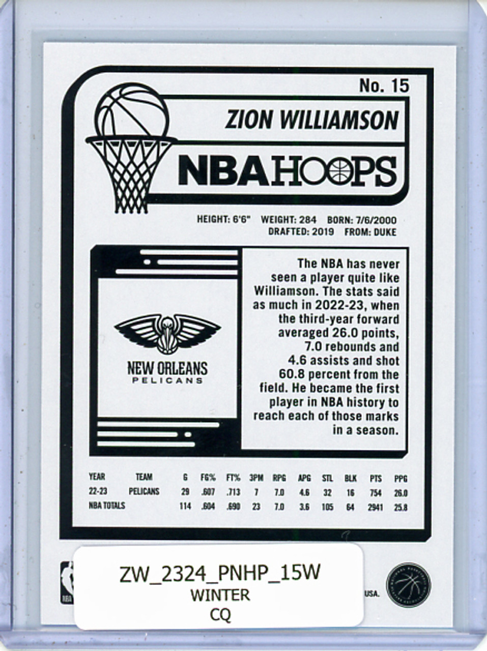 Zion Williamson 2023-24 Hoops #15 Winter (CQ)
