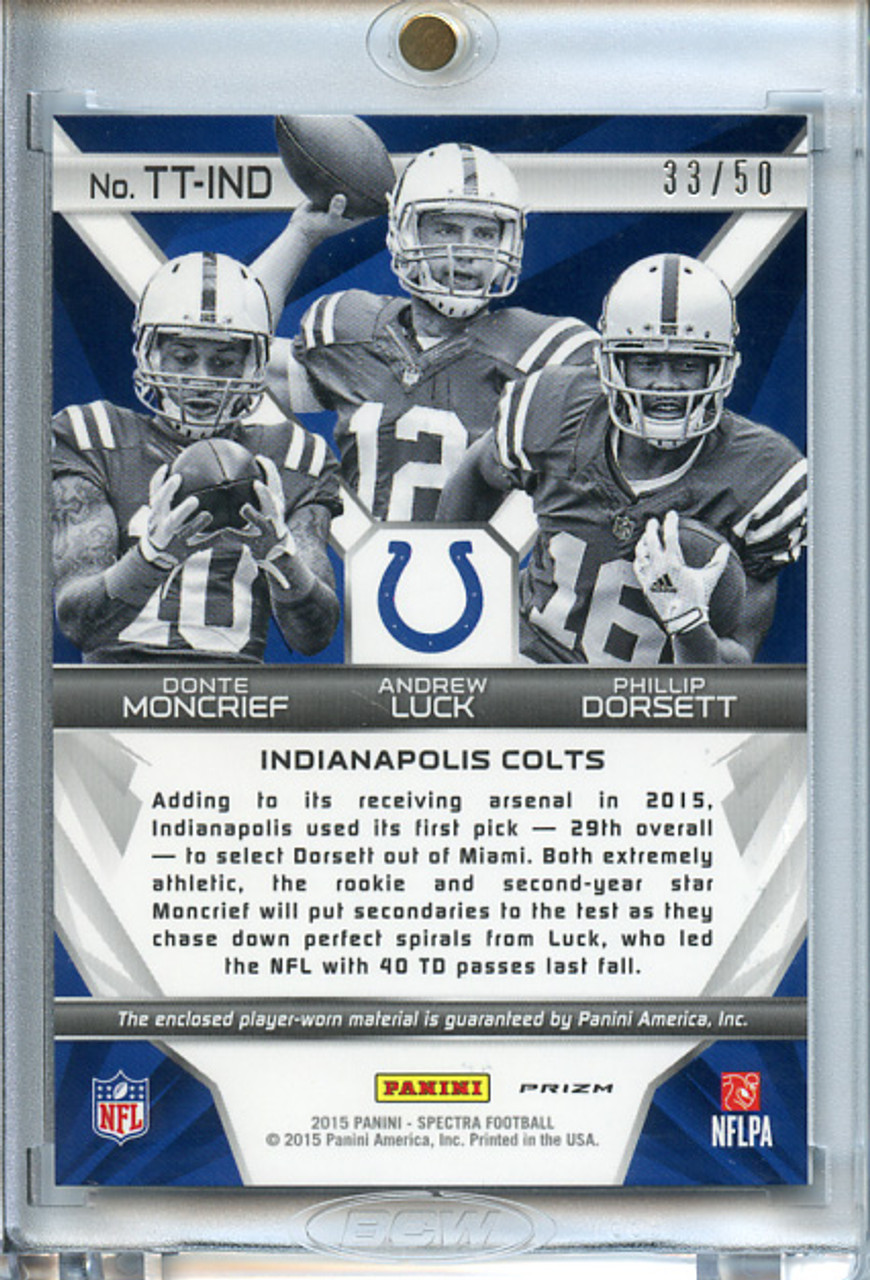 Andrew Luck, Donte Moncrief, Phillip Dorsett 2015 Spectra, Team Trios #TT-IND Neon Blue (#33/50)