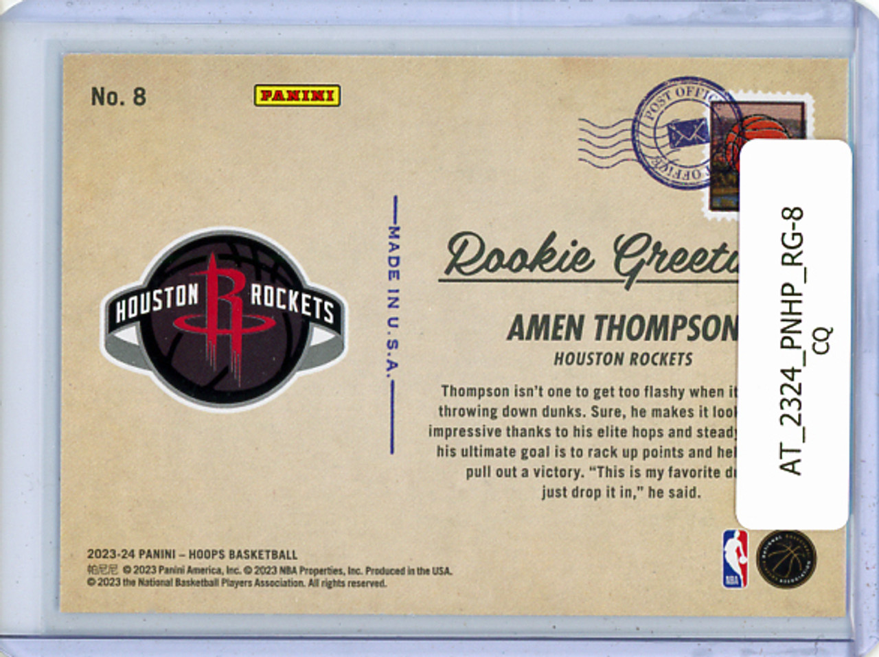 Amen Thompson 2023-24 Hoops, Rookie Greetings #8 (CQ)