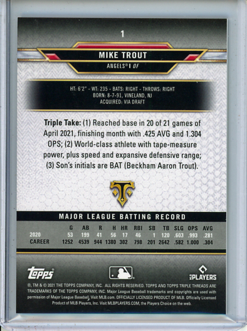 Mike Trout 2021 Triple Threads #1 Citrine (#38/75) (CQ)