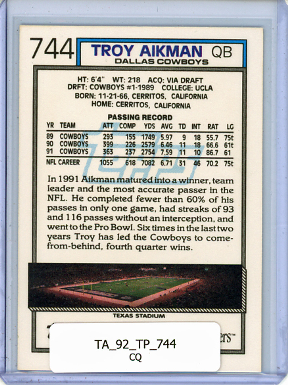 Troy Aikman 1992 Topps #744 (CQ)