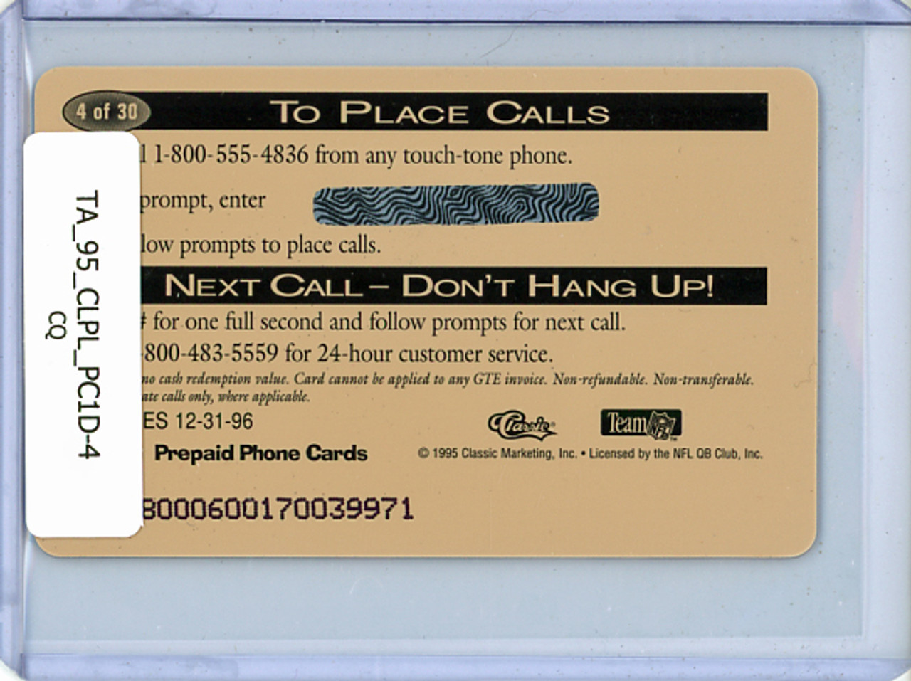 Troy Aikman 1995 Pro Line, Phone Cards $1 #4 (CQ)