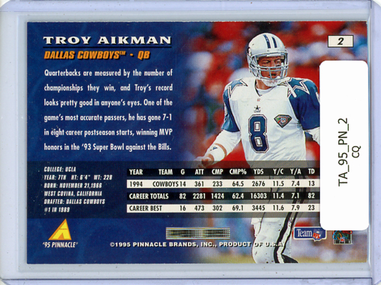 Troy Aikman 1995 Pinnacle #2 (CQ)