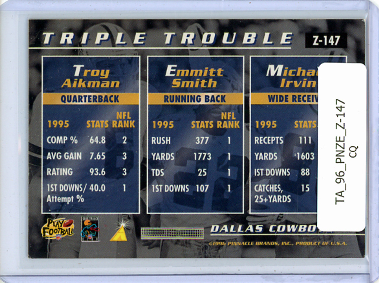 Troy Aikman, Emmitt Smith, Michael Irvin 1996 Pinnacle Zenith #Z-147 Triple Trouble (CQ)
