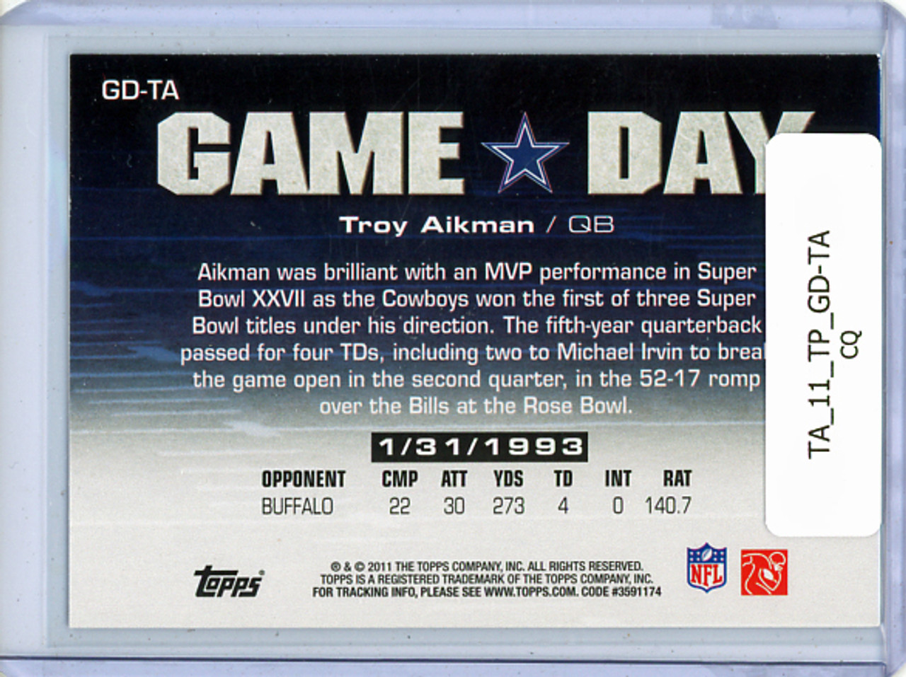 Troy Aikman 2011 Topps, Game Day #GD-TA (CQ)
