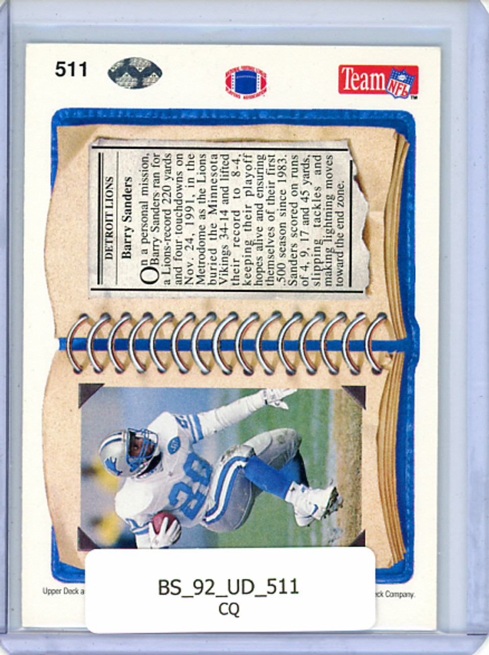 Barry Sanders 1992 Upper Deck #511 NFL Scrapbook (CQ)