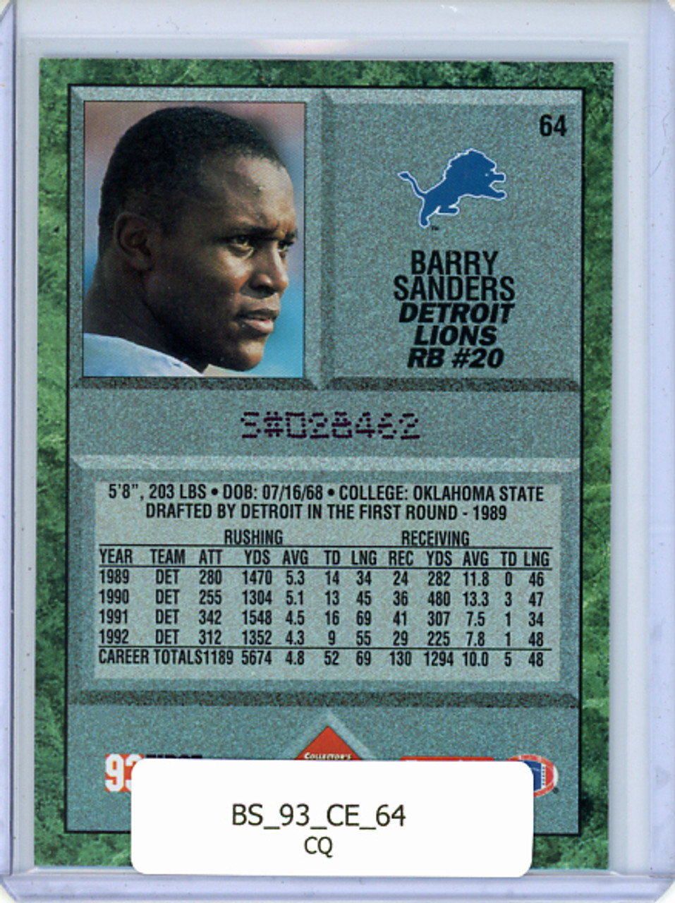 Barry Sanders 1993 Collector's Edge #64 (CQ)