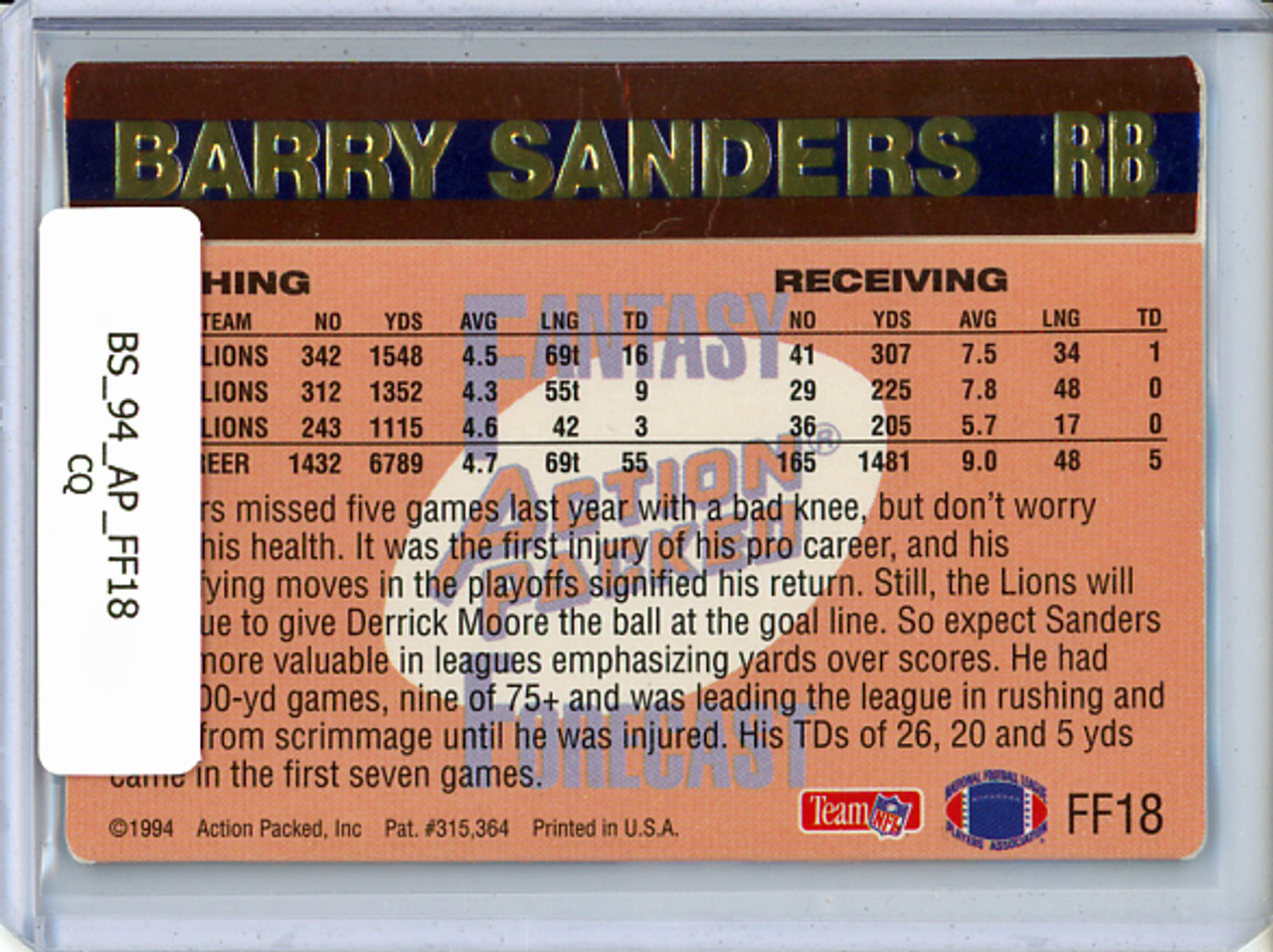 Barry Sanders 1994 Action Packed, Fantasy Forecast #FF18 (CQ)