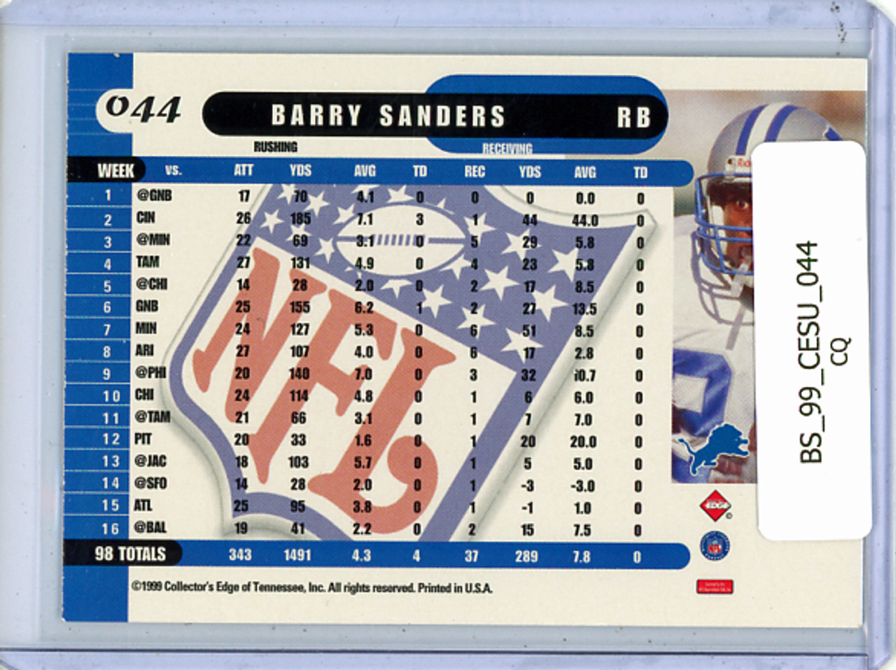 Barry Sanders 1999 Collector's Edge Supreme #044 (CQ)