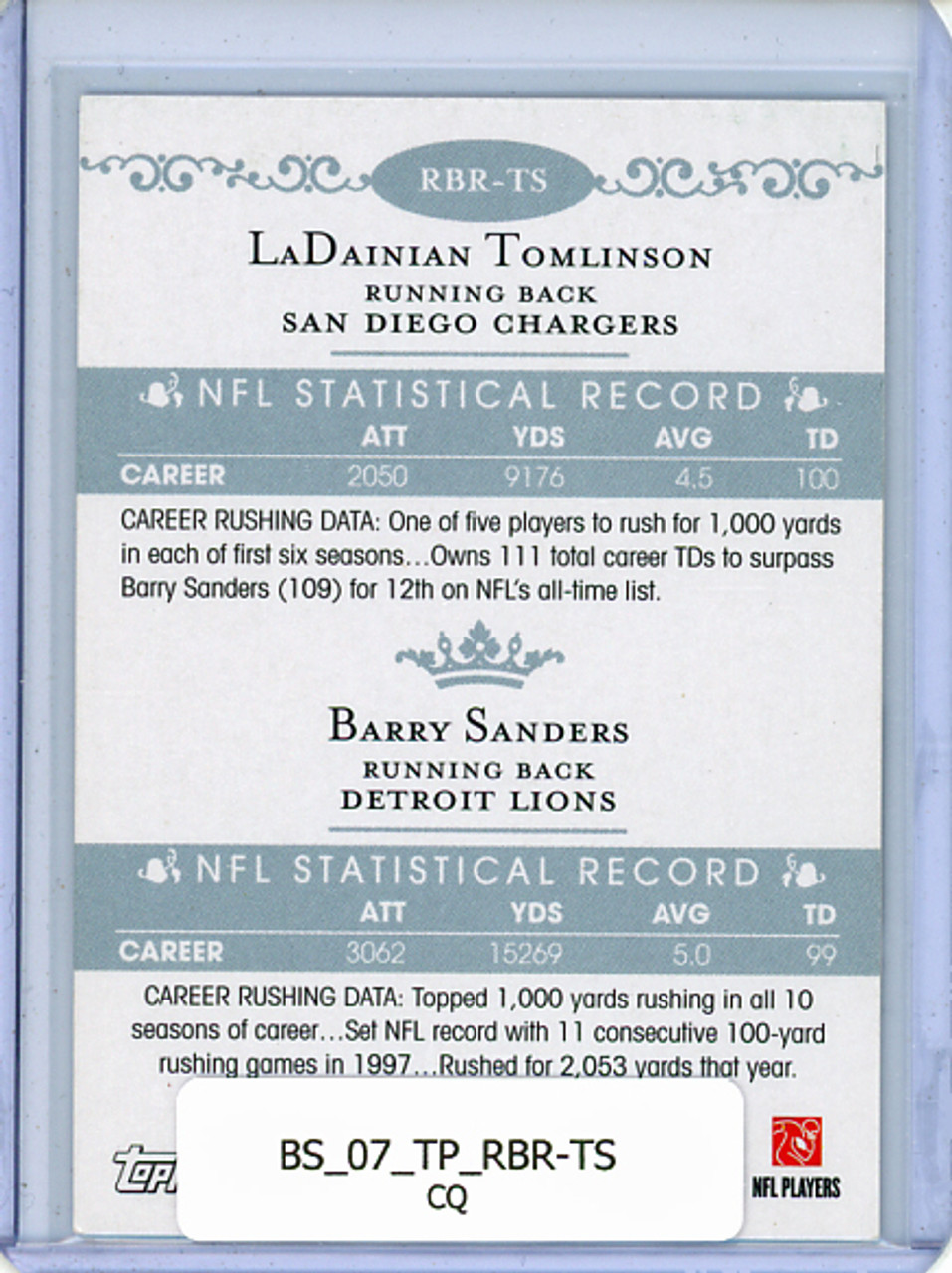 LaDainian Tomlinson, Barry Sanders 2007 Topps, Running Back Royalty #RBR-TS (CQ)