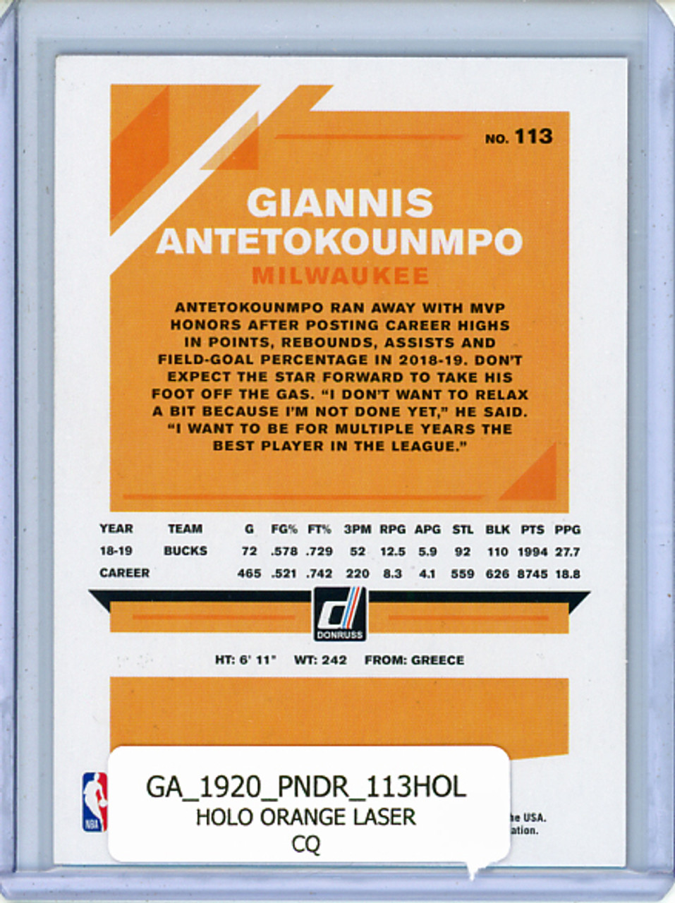 Giannis Antetokounmpo 2019-20 Donruss #113 Holo Orange Laser (CQ)