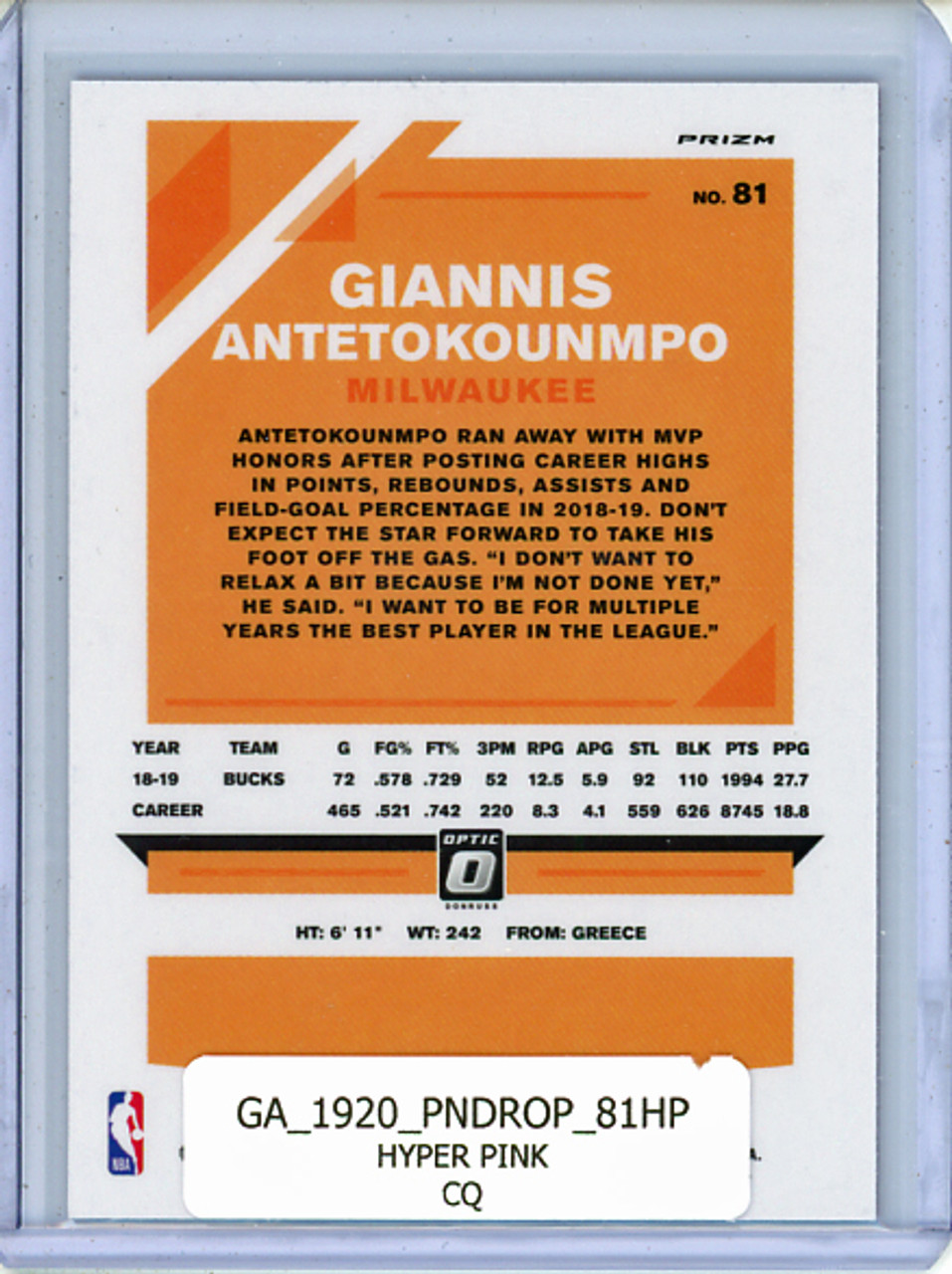 Giannis Antetokounmpo 2019-20 Donruss Optic #81 Hyper Pink (CQ)