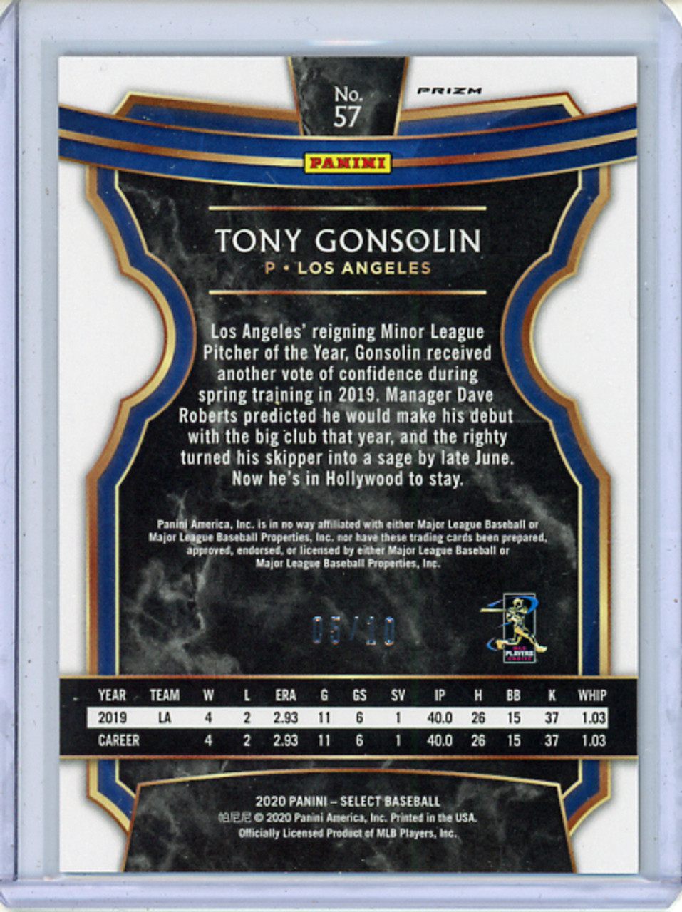 Tony Gonsolin 2020 Select #57 Gold (#05/10) (CQ)
