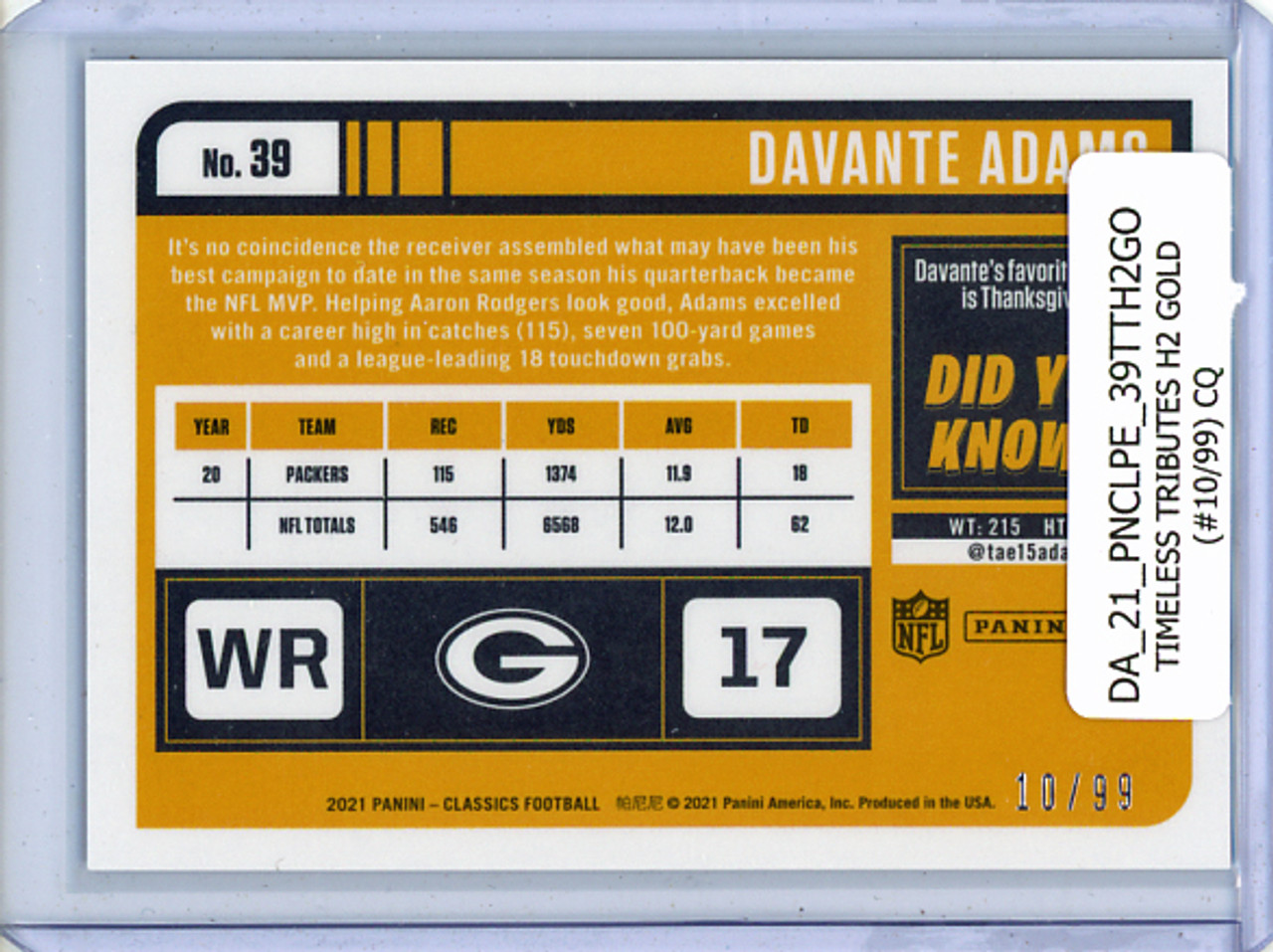 Davante Adams 2021 Classics Premium Edition #39 Timeless Tributes H2 Gold (#10/99) (CQ)