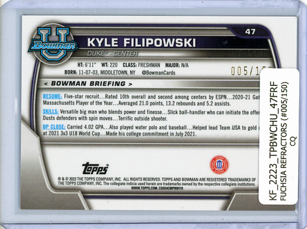 Kyle Filipowski 2022-23 Bowman Chrome University #47 Fuchsia Refractors (#005/150) (CQ)