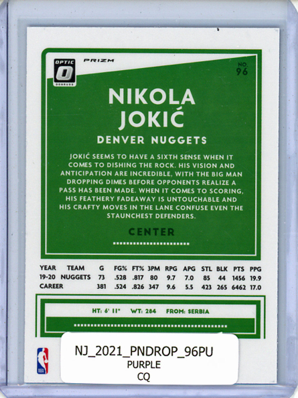 Nikola Jokic 2020-21 Donruss Optic #96 Purple (CQ)