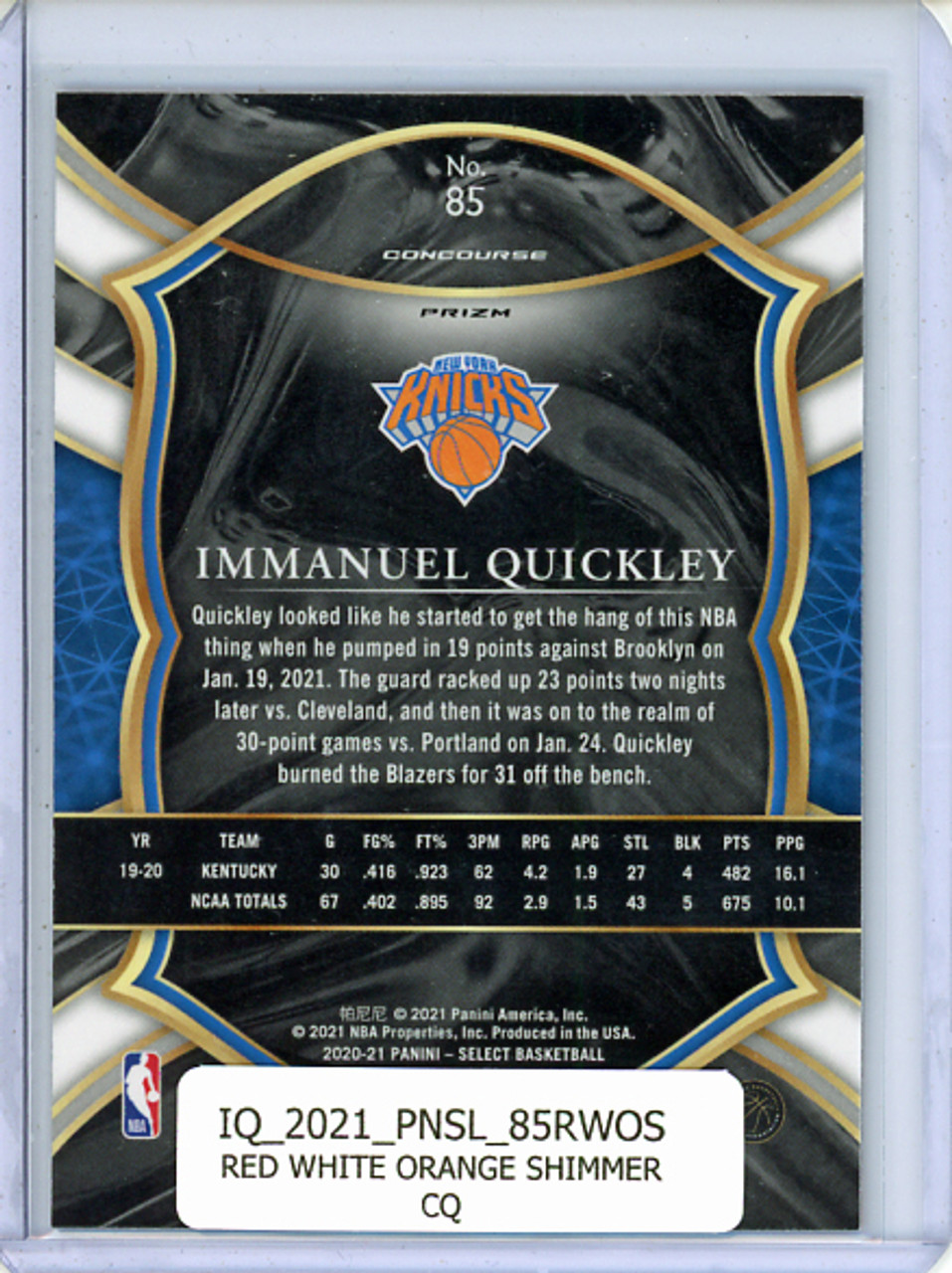 Immanuel Quickley 2020-21 Select #85 Concourse Red White Orange Shimmer (CQ)