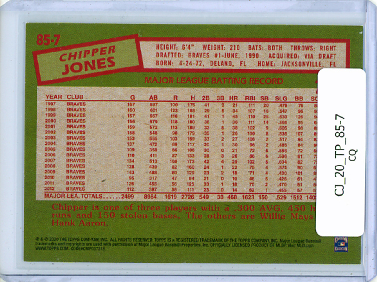 Chipper Jones 2020 Topps, 1985 Topps #85-7 (CQ)