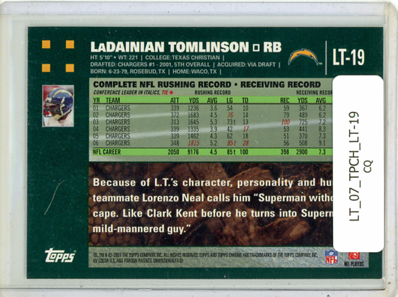 LaDainian Tomlinson 2007 Topps Chrome, LaDainian Tomlinson #LT-19 (CQ)