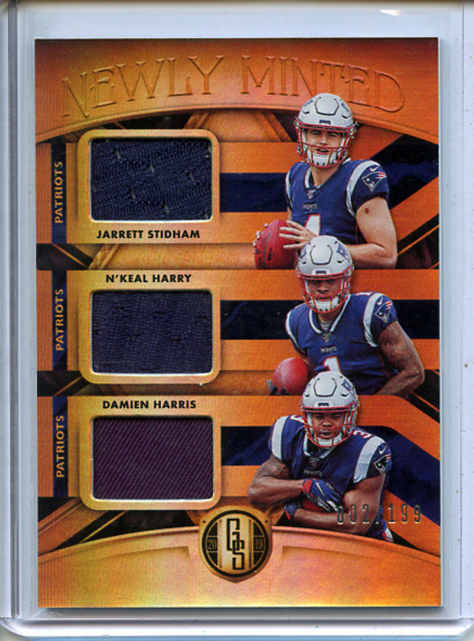 Jarrett Stidham, N'Keal Harry, Damien Harris 2019 Gold Standard, Newly Minted Memorabilia Triples #NMMT-6 (#002/199)