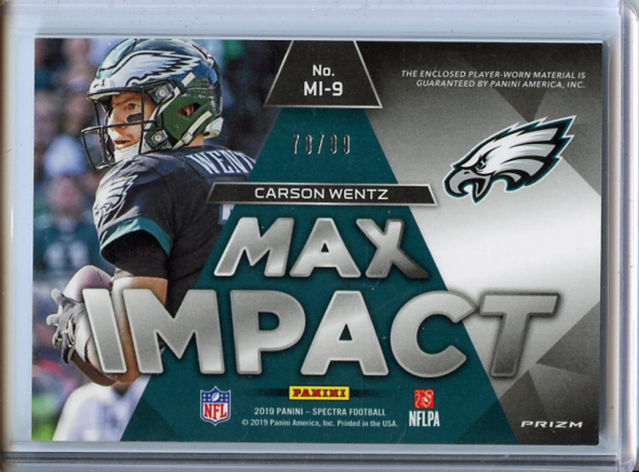 Carson Wentz 2019 Spectra, Max Impact Materials #MI-9 Neon Blue (#78/99)