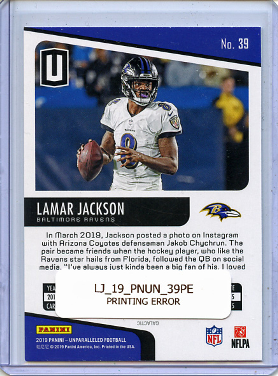 Lamar Jackson 2019 Unparalleled #39 Printing Error (Upside down Galactic Misprint)