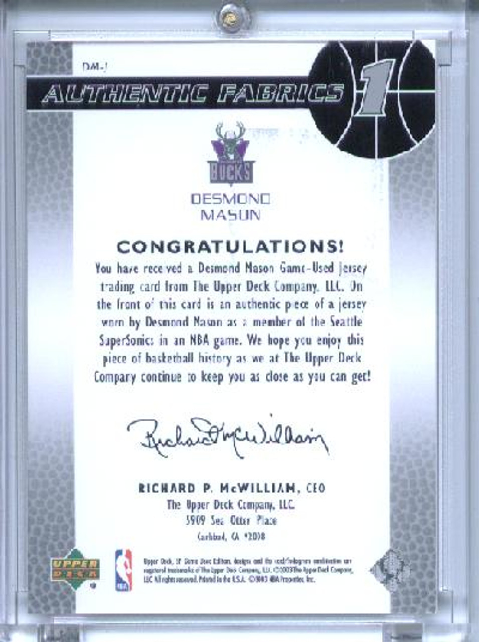 Desmond Mason 2003-04 SP Game Used, Authentic Fabrics #DM-J (2)