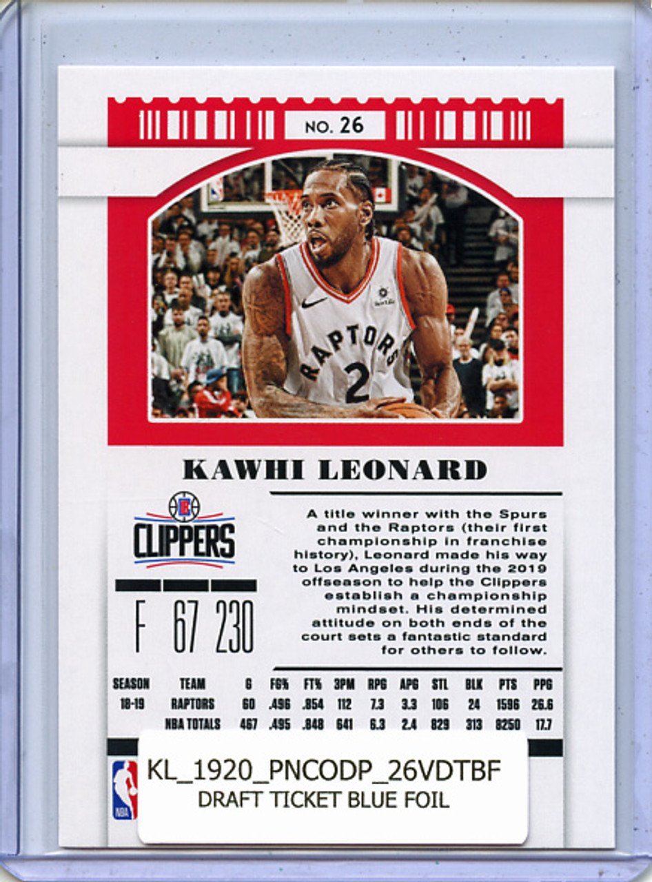 Kawhi Leonard 2019-20 Contenders Draft Picks #26 Variations Draft Ticket Blue Foil