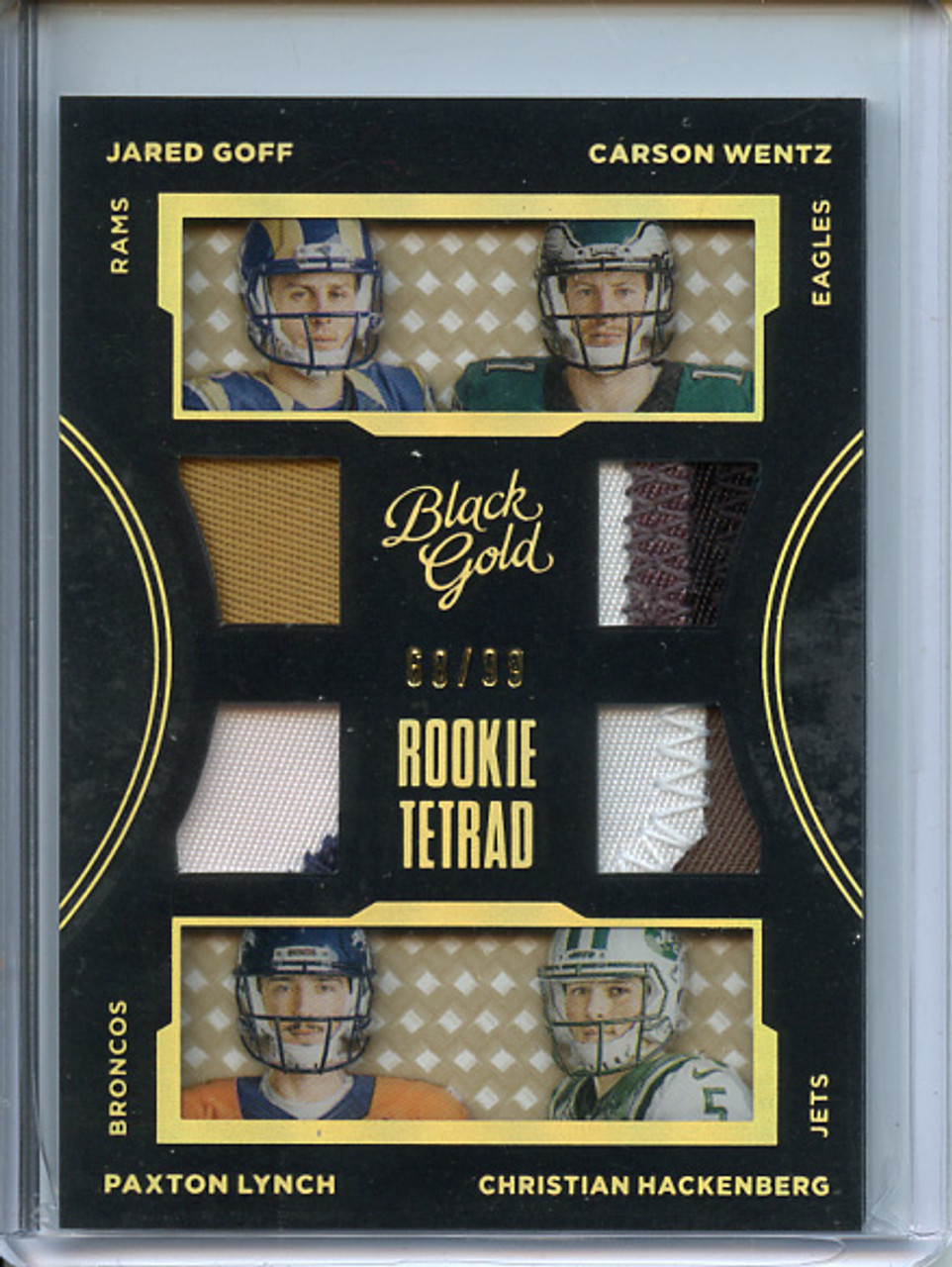 Carson Wentz, Jared Goff, Paxton Lynch, Christian Hackenberg 2016 Black Gold, Rookie Tetrad Materials #RT1 Prime (#68/99)