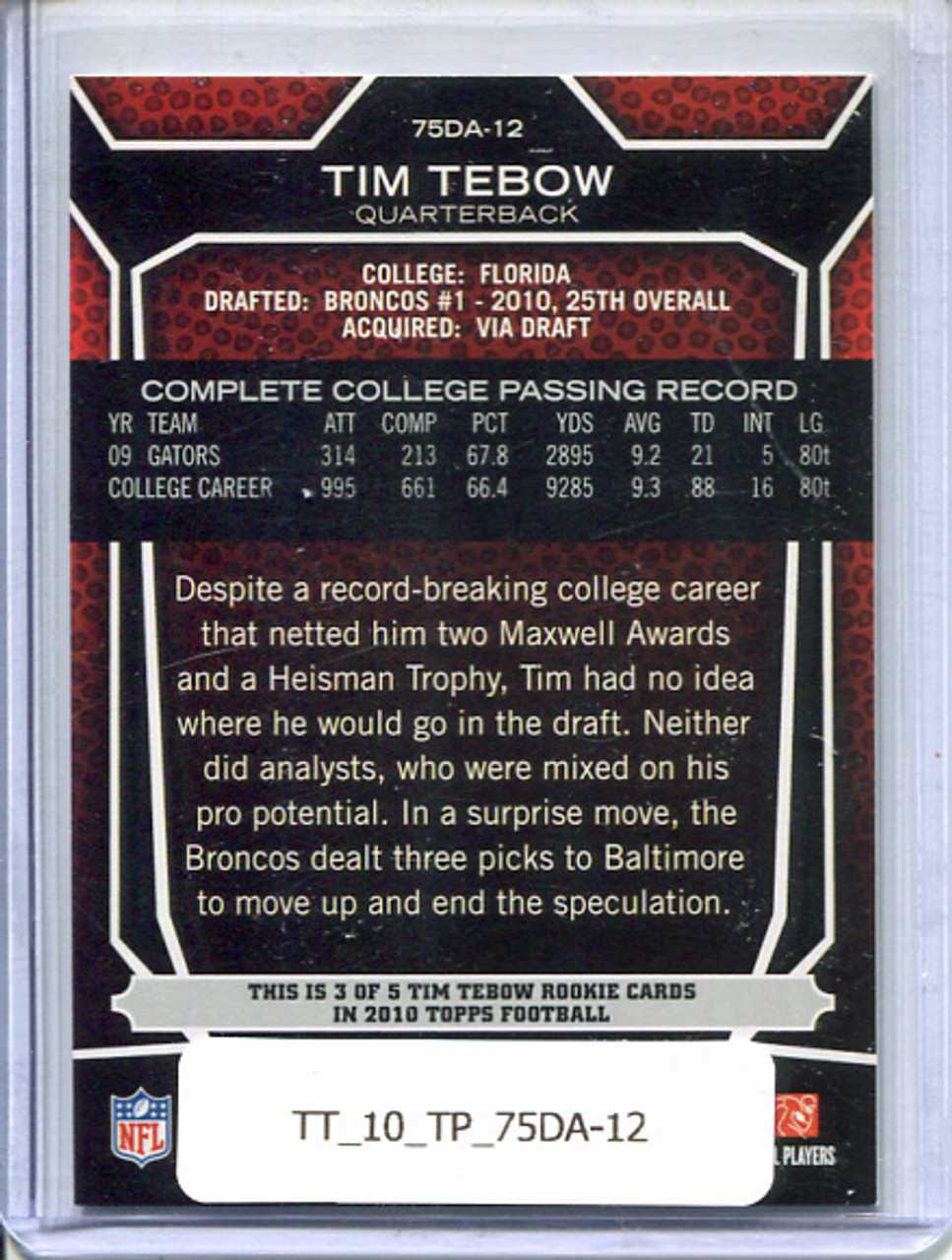Tim Tebow 2010 Topps, Draft 75th Anniversary #75DA-12