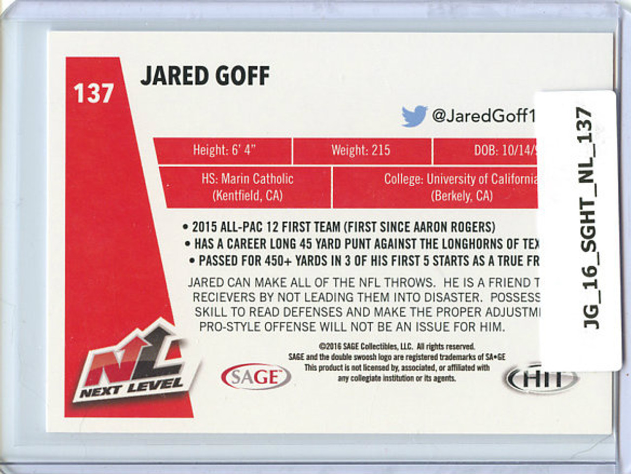 Jared Goff 2016 Sage Hit #137 Next Level
